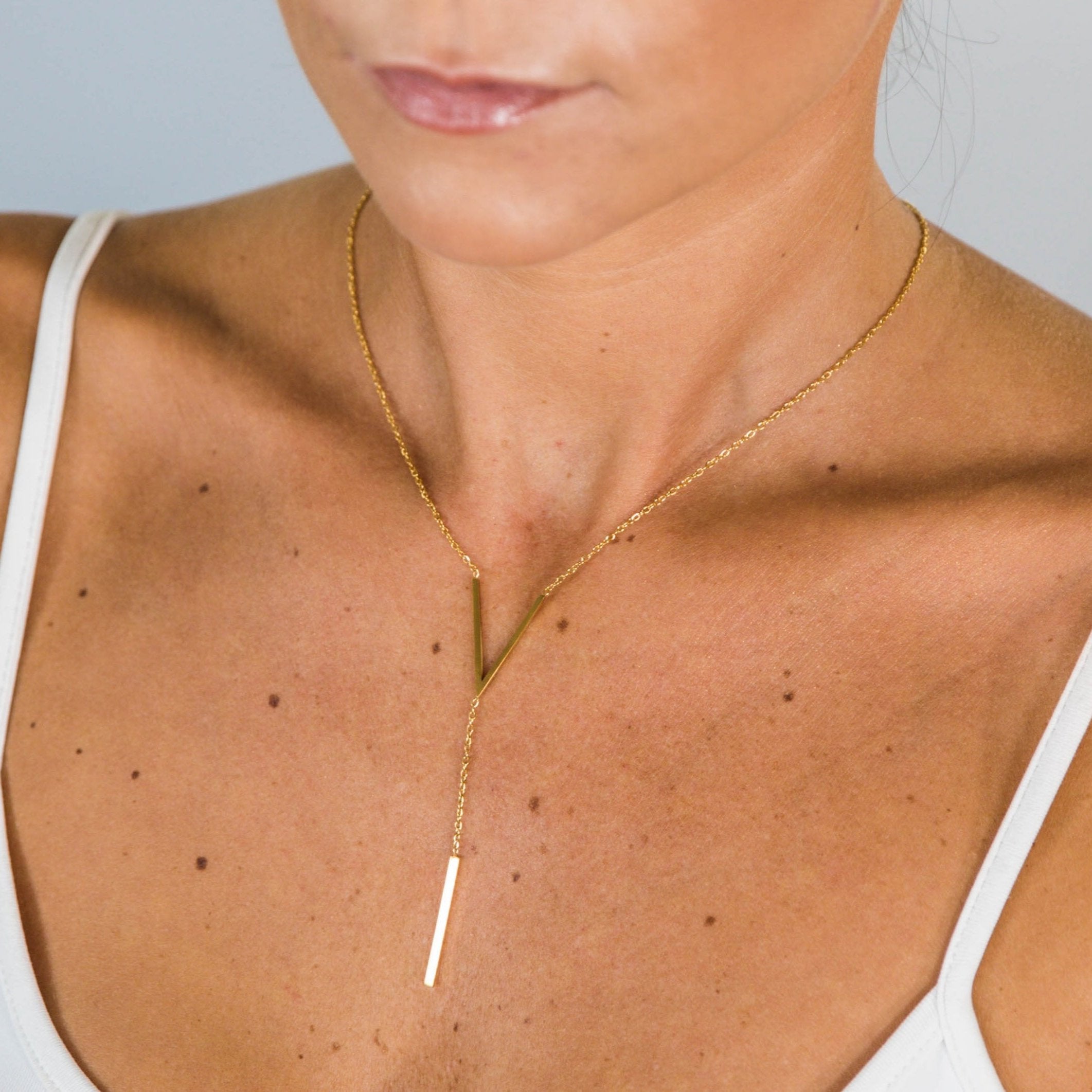 Gold V Lariat Necklace